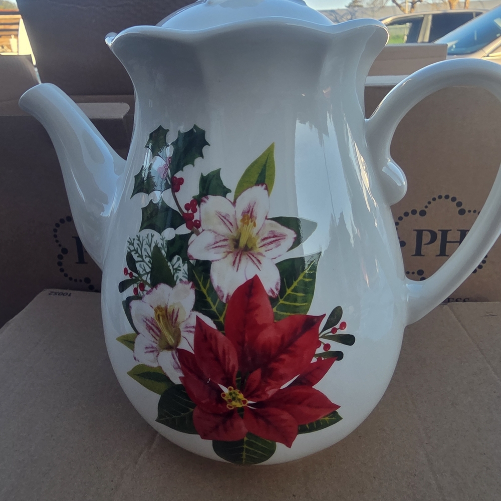 Princess House White Teapot with Red and Green Floral Design